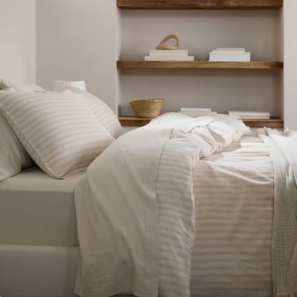 Full/Queen Relaxed Linen Stripe Duvet Cover & Sham Set Petal & Parchment - Picture 2 of 4